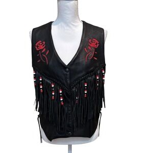 Red Rose Inlaid Suede Black‎ Fringed Real Leather Biker Vest Lace Sides Small
